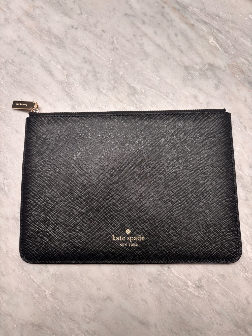 kate spade Black Saffiano Leather Toiletry Pouch with Gold Accents